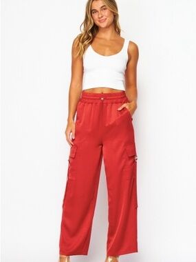 Bright Orange Cargo Wide-Leg Pants with Elastic Waist